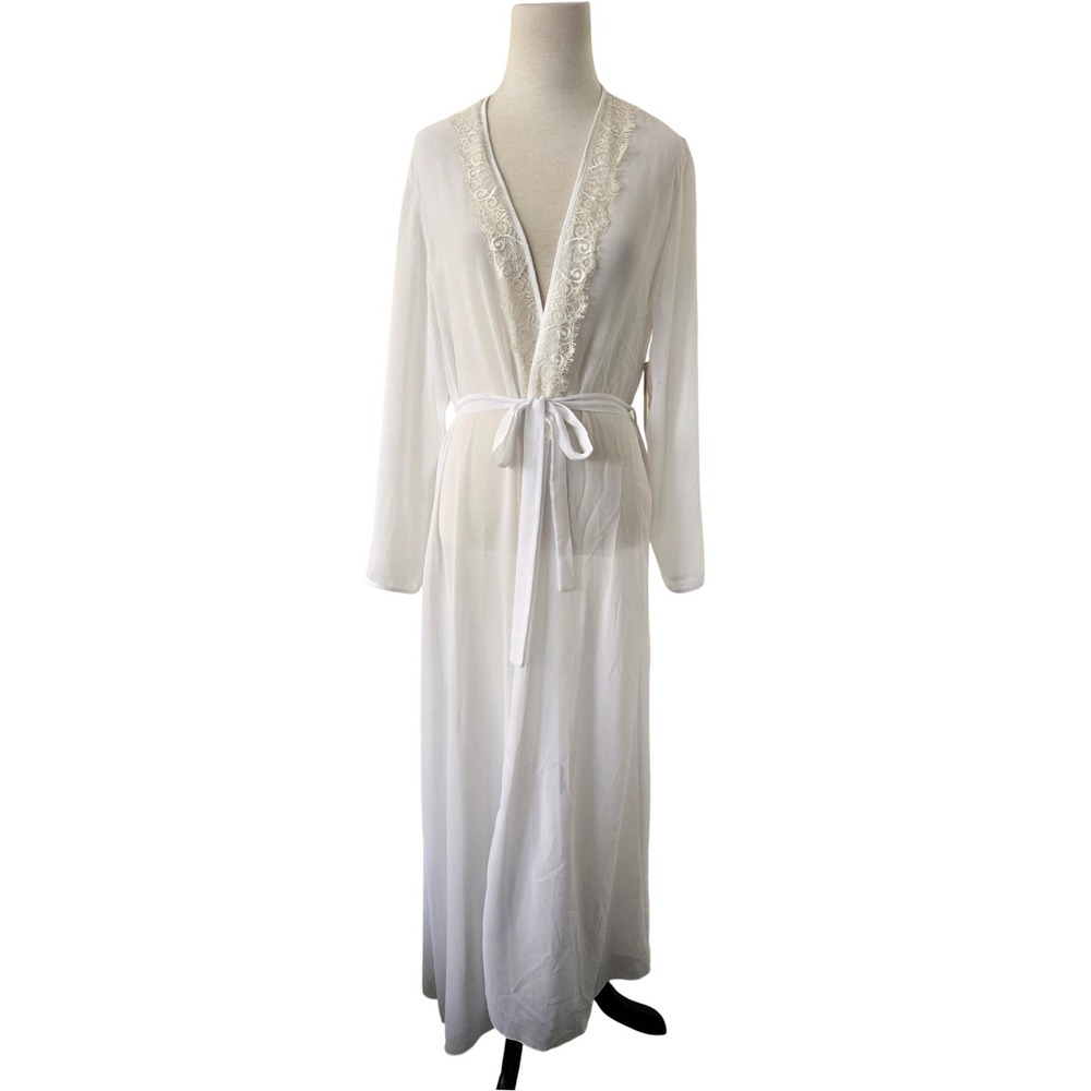 NWT Flora Nikrooz White Sheer Chiffon Lace Trim Long Robe L/XL Bridal Bride